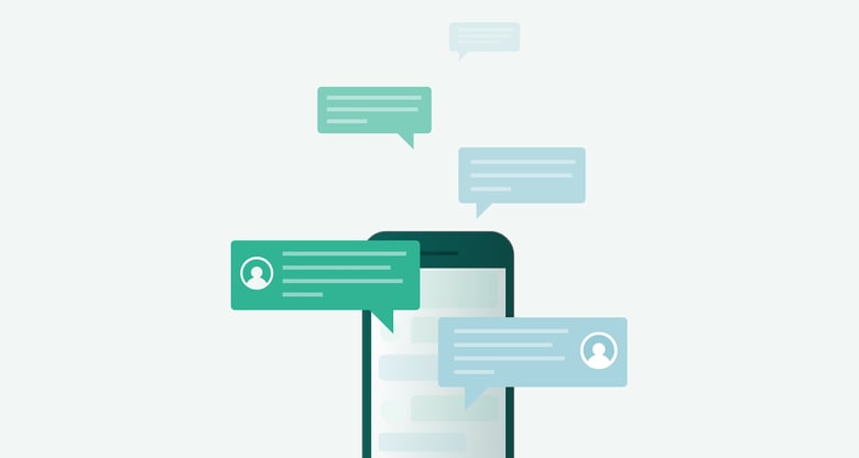 Illustrasjon av en mobiltelefon med chat bobler rundt