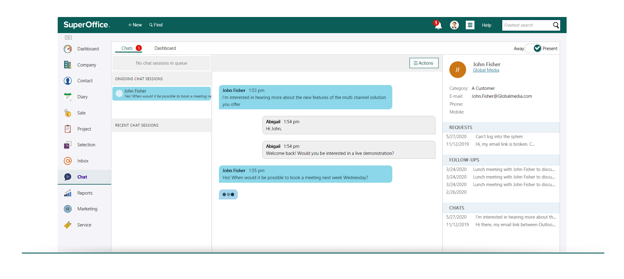 Screen shot fra SuperOffice CRM