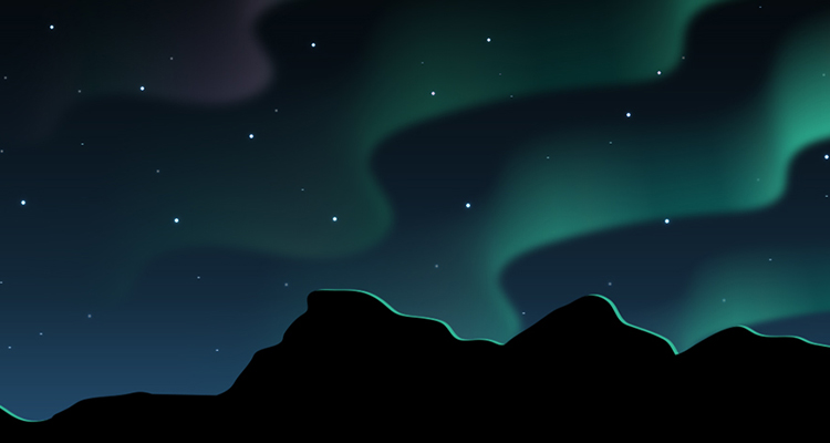 Illustrasjon av midnattsol over fjell