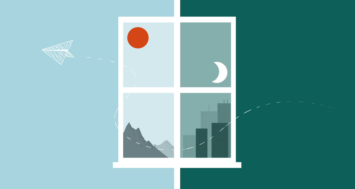 Illustrasjon som viser et vindu med natt og dag