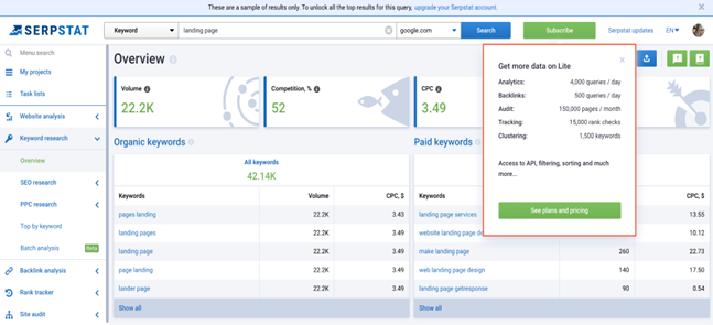 Serpstat overview dashboard